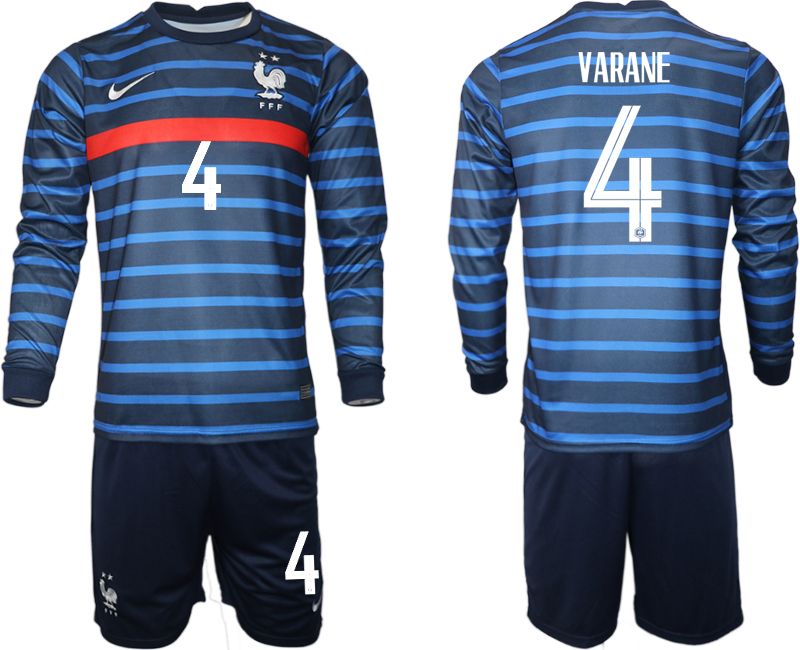 Cheap Men 2021 European Cup France home blue Long sleeve 4 Soccer Jersey